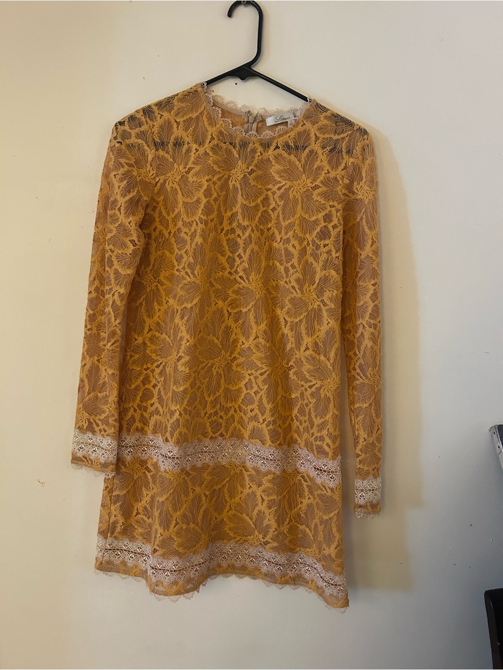 Love Mustard Lace Long-Sleeve Shift Dress with White Trim